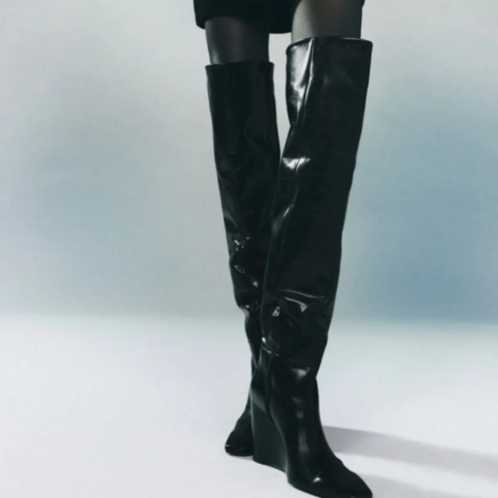 NWT Zara Leather Over The Knee Wedge Heel Boots, Size 7.5 - Picture 6 of 17